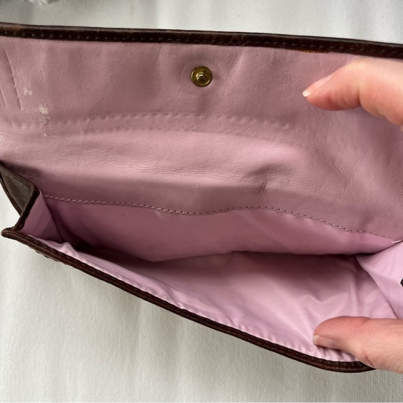 Coach Signature Print Canvas Leather Trim Brown Turnlock Long Fold Wallet - Picture 6 of 12